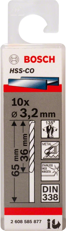 BOSCH 2608585877
Mũi khoan INOX HSS-Co 3.2mm
(hộp 10 mũi)