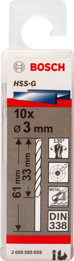 BOSCH 2608595055
Mũi khoan sắt HSS-G 3mm
(hộp 10 mũi)