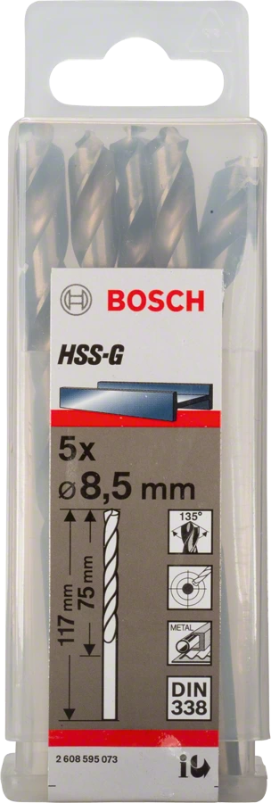 BOSCH 2608595073
Mũi khoan sắt HSS-G 8.5mm
(hộp 5 mũi)