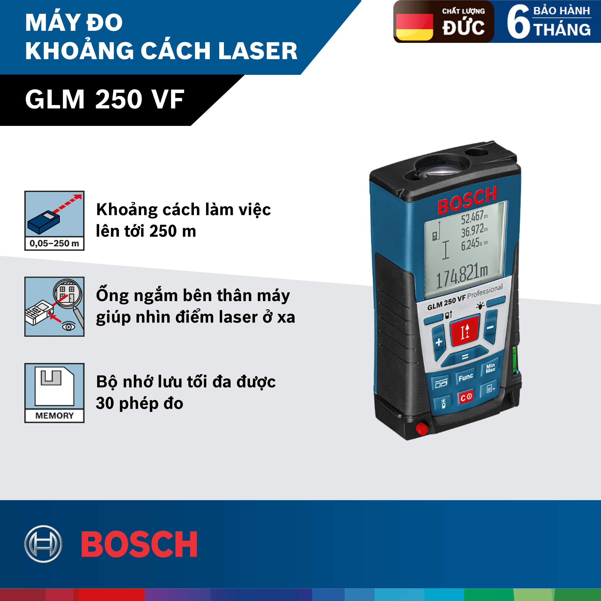 Máy đo khoảng cách kỹ thuật số (Laser) BOSCH GLM 250 VF