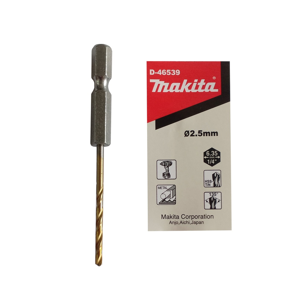 MŨI KHOAN KIM LOẠI HSS-TIN(CHUÔI LỤC GIÁC) 2.5X78(30)MM MAKITA D-46539 MŨI KHOAN KIM LOẠI HSS-TIN(CHUÔI LỤC GIÁC) 2.5X78(30)MM MAKITA D-46539