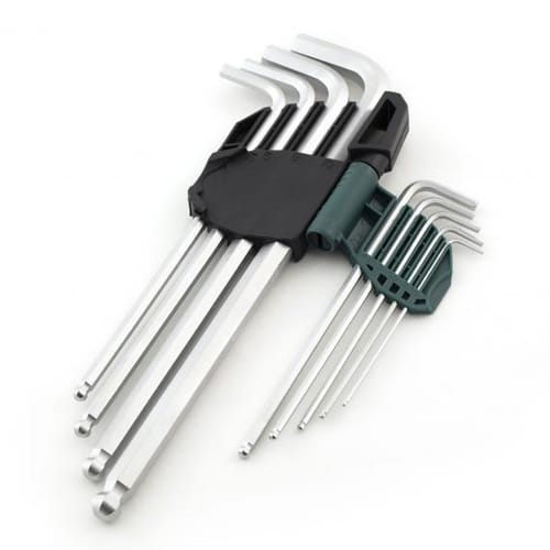 Bộ lục giác bi loại dài, 9 chi tiết – hệ mét
Quy cách: 1,5mm 2mm 2,5mm 3mm 4mm 5mm 6mm 8mm 10mm; Chất liệu: thép crom SATA 09101A