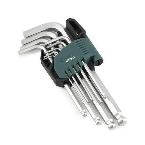 Bộ lục giác bi loại dài, 9 chi tiết – hệ mét
Quy cách: 1,5mm 2mm 2,5mm 3mm 4mm 5mm 6mm 8mm 10mm; Chất liệu: thép crom SATA 09105A