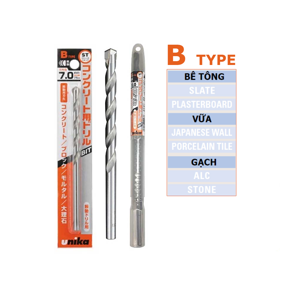Mũi khoan UNIKA cho bê tông B-TYPE 7.5mm (7.5x125x75mm) Mã số: B7.5×125